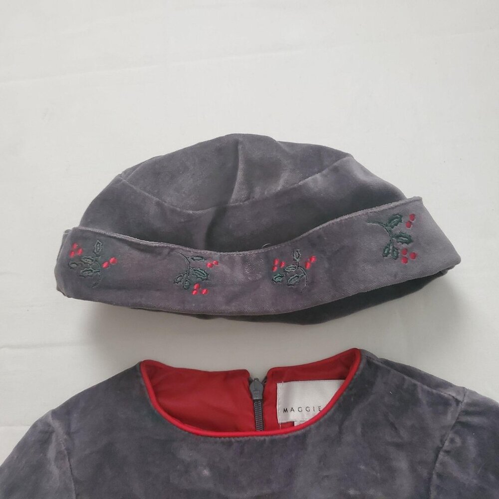 Maggie & Zoe Little Girls Velvet Holly Christmas Holiday Gray Dress With Hat 2T - Picture 6 of 13